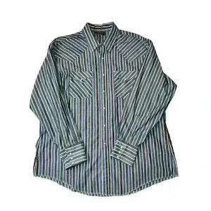 Vintage Holt Western Long Sleeve Shirt Men's Blue Stripe Pearl Snaps Size XL